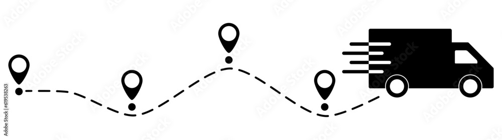 Truck fast delivery with location pin. Car silhouette driving on dotted path. Travel destination symbol. Vector illustration isolated on white. Truck fast delivery with location pin. Car silhouette driving on dotted path. Travel destination symbol. Vector illustration isolated on white.