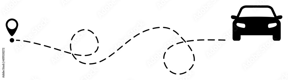 Car route with location pin icon. Automobile silhouette driving on dotted path. Journey and travel concept. Vector illustration isolated on white. Car route with location pin icon. Automobile silhouette driving on dotted path. Journey and travel concept. Vector illustration isolated on white.