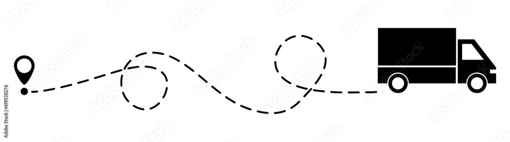 Truck fast delivery with location pin. Car silhouette driving on dotted path. Travel destination symbol. Vector illustration isolated on white. Truck fast delivery with location pin. Car silhouette driving on dotted path. Travel destination symbol. Vector illustration isolated on white.