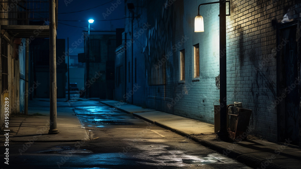 An alleyway brought to life by intricate street art, punctuated by a lone, retro - styled street lamp, casting long shadows. Night scene, ambient city light An alleyway brought to life by intricate street art, punctuated by a lone, retro - styled street lamp, casting long shadows. Night scene, ambient city light