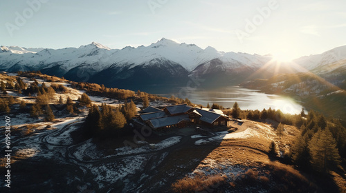 Aerial view of a silent meditation retreat, nestled in the heart of the mountains, snow - capped peaks in the background, tranquil and isolated, structures dotting the landscape
