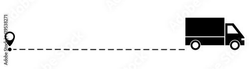 Truck fast delivery with location pin. Car silhouette driving on dotted path. Travel destination symbol. Vector illustration isolated on white.