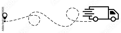 Truck fast delivery with location pin. Car silhouette driving on dotted path. Travel destination symbol. Vector illustration isolated on white.