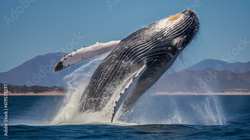 An awe - inspiring, photorealistic shot of a blue whale breaching the surface of the ocean, a triumph for endangered marine species conservation © Marco Attano