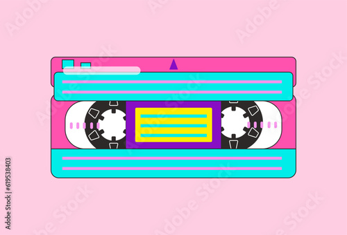 Retro flat Video Cassette on color pink background. Vector VHS tape record system in vintage style. Positive illustration of cute old style videotape machine device for banner or advertising