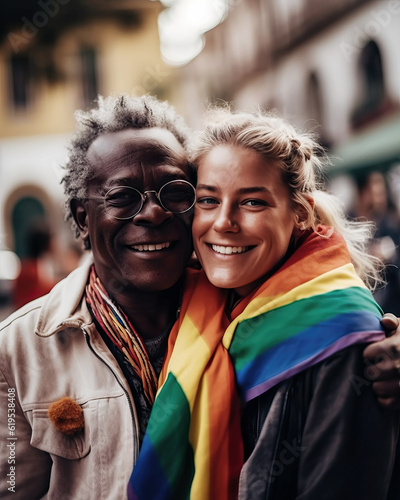 Portrait von glücklichen Menschen mit Pride Flagge, Generative AI