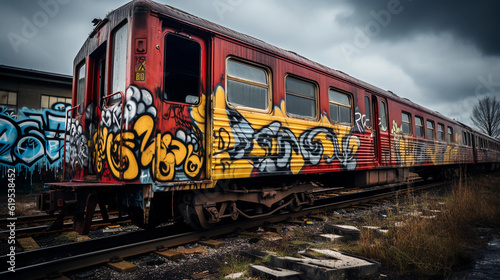 An intricately detailed graffiti masterpiece on a train car, striking contrast of bold colors against rusty metal. Industrial setting, overcast daylight