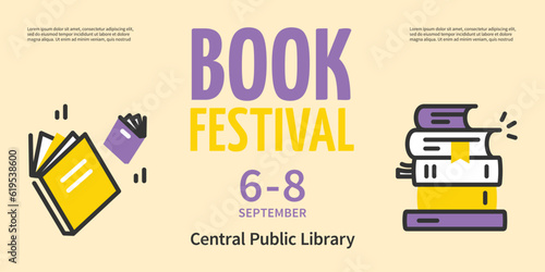 Book Festival Central Public Library Horizontal Placard Poster Banner Card Template with Date and Place. Vector illustration