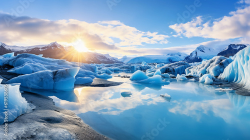Climate change impact, striking image of melting glacier, vivid blue ice against stark barren landscape, wide angle perspective