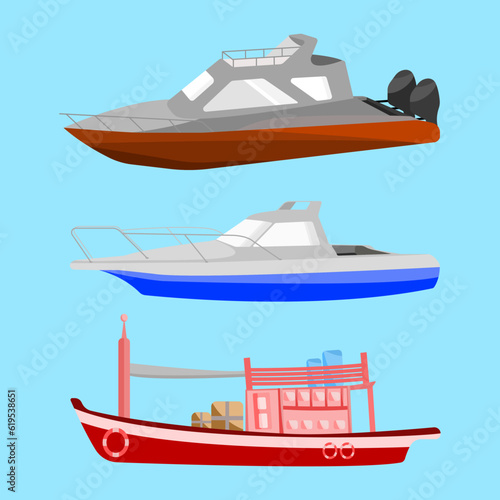 Boats, Speed Boat, Fishing Boat in flat vector illustration design