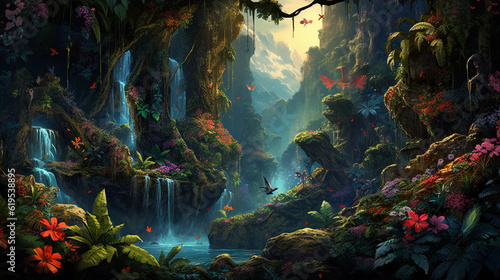 Digital illustration of a thriving biodiverse rainforest in full bloom, showcasing a waterfall cascading down a mossy cliff, vibrant foliage of all shapes and sizes, a menagerie of exotic wildlife suc