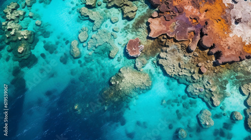 Drone perspective of the Great Barrier Reef, vibrant undersea colors, coral clusters, abstract patterns, midday, polarizing filter