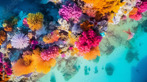 Drone perspective of the Great Barrier Reef, vibrant undersea colors, coral clusters, abstract patterns, midday, shot on DJI Mavic Air 2S, polarizing filter © Marco Attano