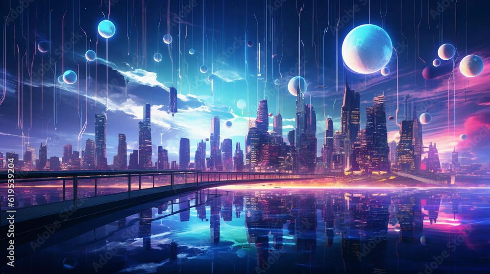 Futuristic cityscape with data streams flowing like a river, architectural structures resembling computer servers, protection shields floating as balloons, neon vibrant colors