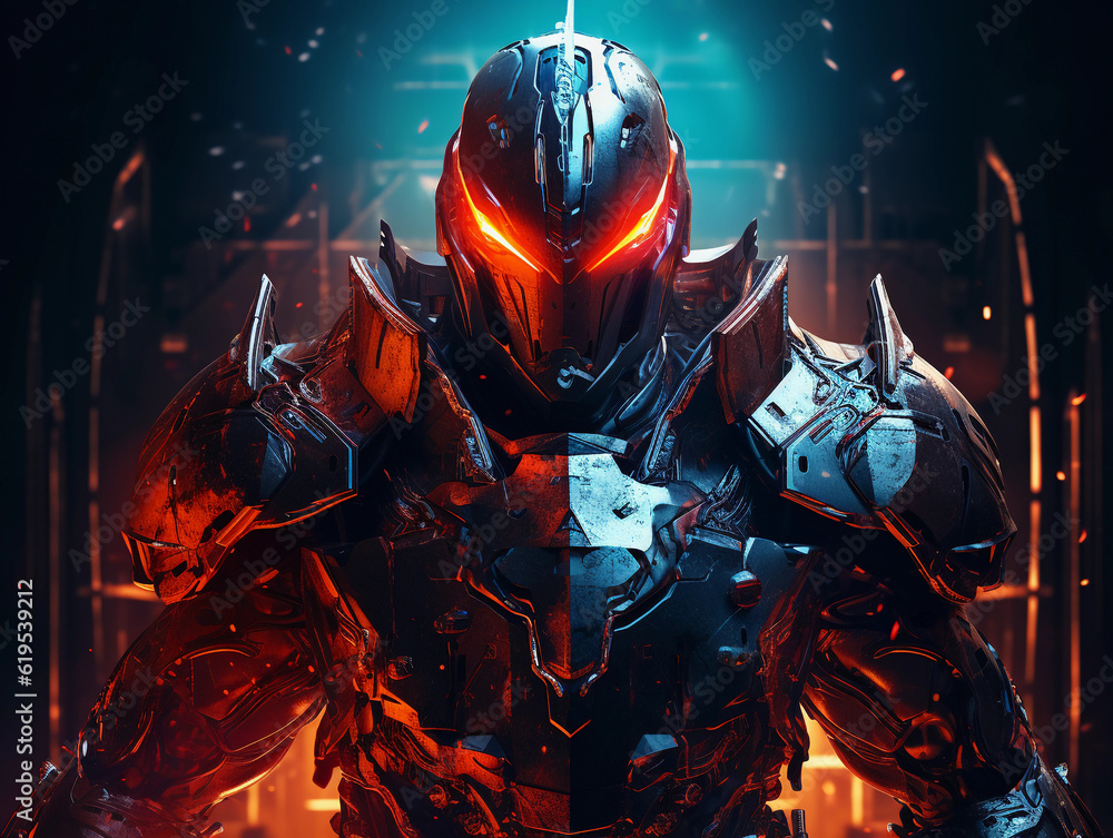 Futuristic digital knight, armored with elements of a computer motherboard, bearing a shield with a lock emblem, techno - medieval, striking pose under dramatic lighting Futuristic digital knight, armored with elements of a computer motherboard, bearing a shield with a lock emblem, techno - medieval, striking pose under dramatic lighting
