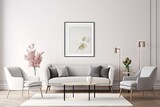 Poster frame in minimal Scandinavian white style living room interior, modern living room interior background