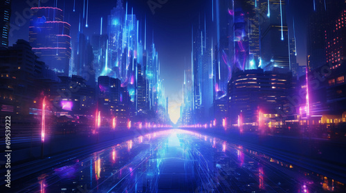 Futuristic cityscape with data streams flowing like a river  architectural structures resembling computer servers  protection shields floating as balloons  neon vibrant colors