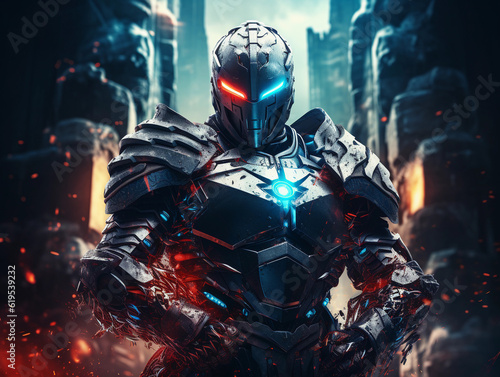 Futuristic digital knight, armored with elements of a computer motherboard, bearing a shield with a lock emblem, techno - medieval, striking pose under dramatic lighting