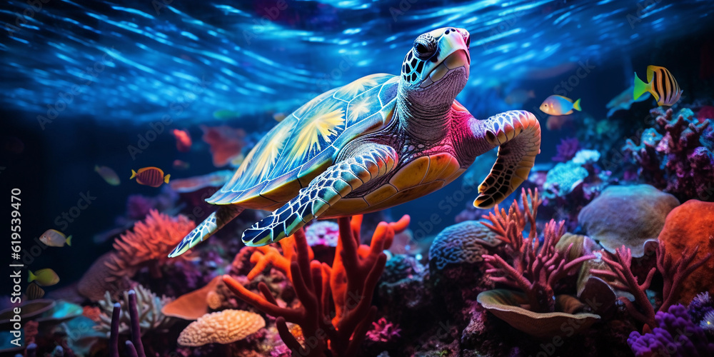 Imaginative vision of marine life in a vibrant coral reef, highlighting ...