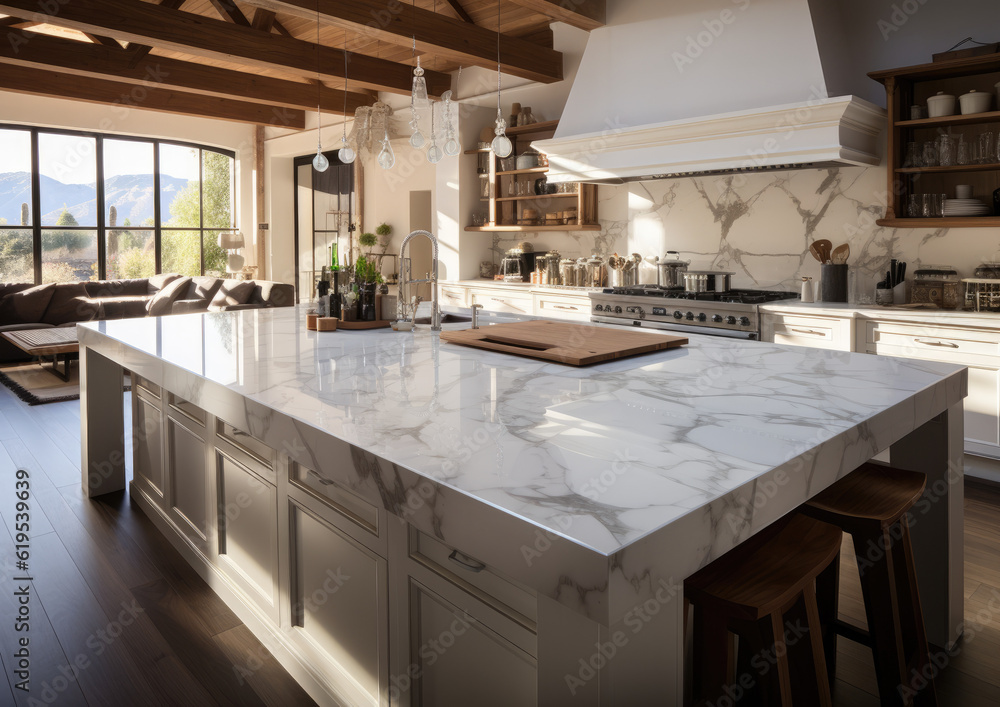 Kitchen with white marble countertops in ultra-realistic Scandinavian style, luxury, ai generative