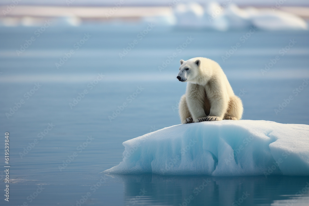 Poignant image of a lonely polar bear on a tiny iceberg, melting arctic, clear, blue, vast ocean around Poignant image of a lonely polar bear on a tiny iceberg, melting arctic, clear, blue, vast ocean around
