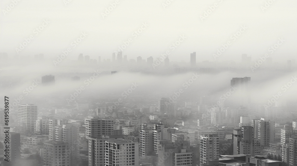Pollution concept, cityscape covered in dense smog, monochromatic, suffocating atmosphere, shot from a high angle