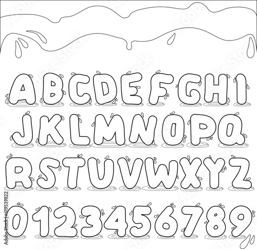 Water font or type alphabet with liquid letters and numbers. Vector black and white coloring page.