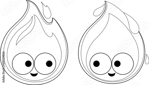Cartoon fire and water characters. Vector black and white coloring page.