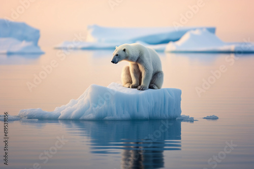 Fényképezés Poignant image of a lonely polar bear on a tiny iceberg, melting arctic, clear,