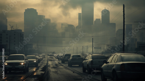 Pollution choking a cityscape, smog - filled air, congested traffic, desaturated colors, bleak, stark, dystopian future warning, photo - realistic, high definition