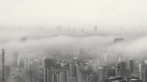Pollution concept  cityscape covered in dense smog  monochromatic  suffocating atmosphere  shot from a high angle