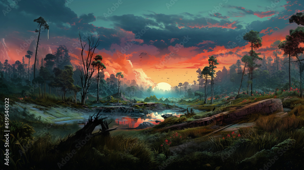 Stylized digital painting of a deforestation scene transitioning into a thriving, reforested landscape filled with wildlife, vibrant contrasting colors, highlighting conservation efforts