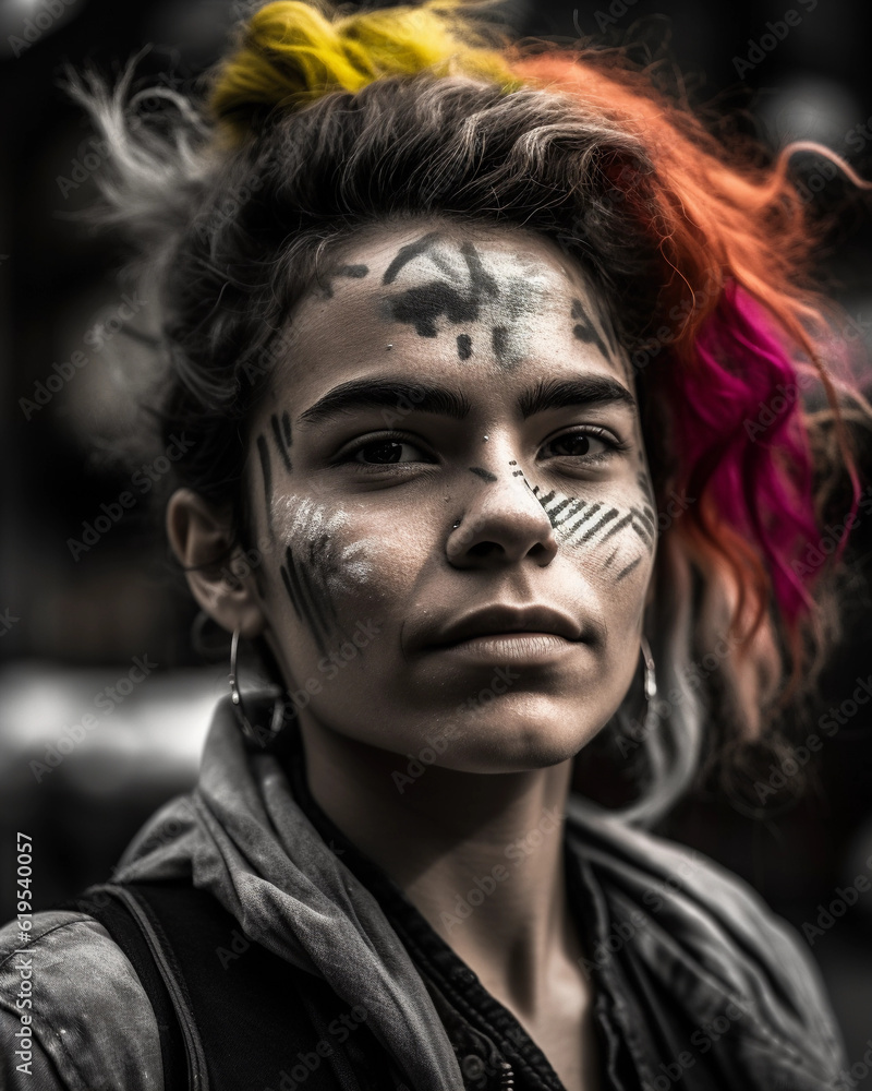 Stylized portrait of LGBTQ + activist, monochrome with a vibrant rainbow streak across their face, determined gaze, graffiti art style Stylized portrait of LGBTQ + activist, monochrome with a vibrant rainbow streak across their face, determined gaze, graffiti art style