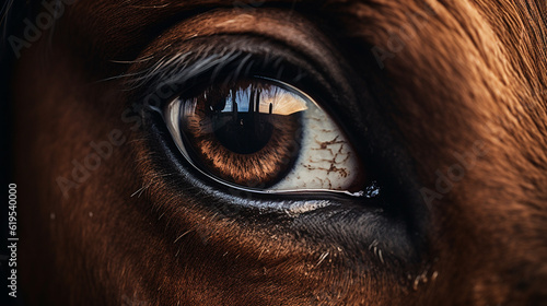 Close Up of the Opalescent Eye of a Majestic Brown Horse, Studio Lighting Effect with Intricate Details - Generative AI
