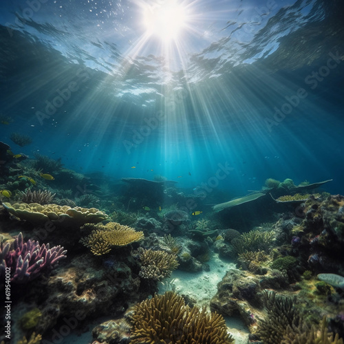 Stunning underwater coral reef  teeming with diverse  colorful marine life  crystal clear turquoise water  sunbeams filtering through