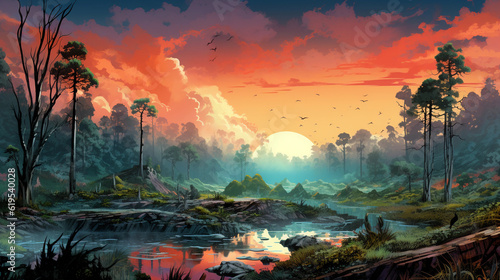 Stylized digital painting of a deforestation scene transitioning into a thriving, reforested landscape filled with wildlife, vibrant contrasting colors, highlighting conservation efforts