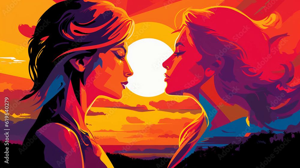 Two women in love, illustrated in bold pop art style, vibrant colors, romantic sunset background, holding hands, strong outlines, energetic expressions, LGBTQ + representation