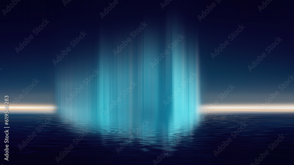 Obraz premium Dark abstract futuristic landscape, blue neon, reflection in the water.
