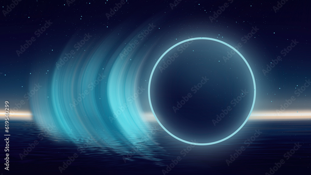 Fototapeta premium Dark abstract futuristic landscape, blue neon, reflection in the water.