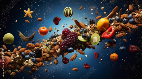 Surrealistic image of superfoods orbiting in space, floating blueberries, spinning almonds, and quinoa stars against a cosmic background, Salvador Dali style, dreamlike, fantastical