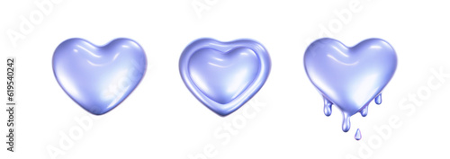 3d holographic hearts in y2k style set isolated on a white background. Render of 3d iridescent chrome hearts with melting and rainbow gradient effect. 3d vector y2k illustration.