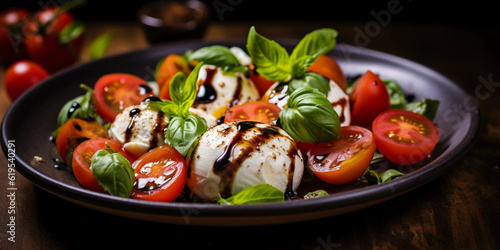 Ultra - detailed image of a plate of mixed salad with cherry tomatoes  mozzarella  basil leaves  seasoned with balsamic reduction  close