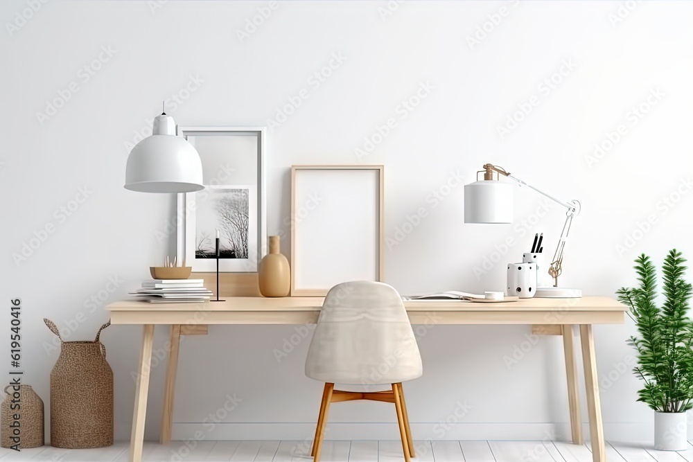 Workspace at home. White table minimal mockup with a white wall, a desk with a chair, lamp and pictures on it, created with Generative Ai Technology