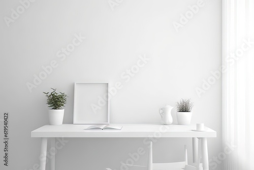 Workspace at home. White table minimal mockup with a white wall  created with Generative Ai Technology