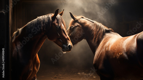 A Pair of Two Horses Nuzzling and Cuddling Face to Face in a Barn with Dramatic Lighting - Generative AI