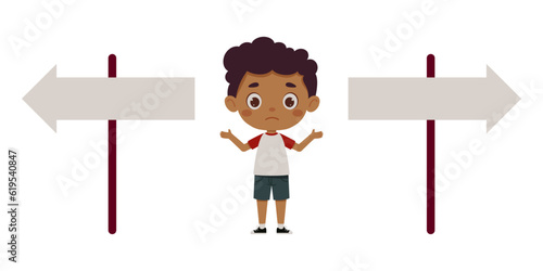Cute little boy looking at road sign and decide the right way. Template for children design. Cartoon schoolboy character. Vector illustration