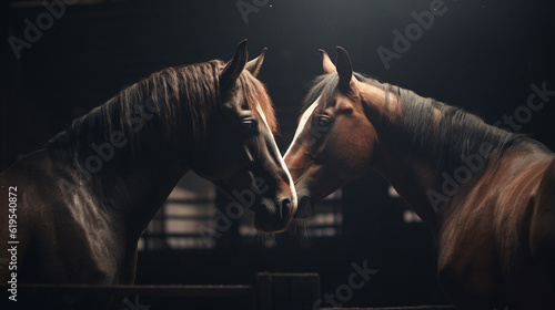 A Pair of Two Horses Nuzzling and Cuddling Face to Face in the Stables of a Barn with Dramatic Lighting - Generative AI