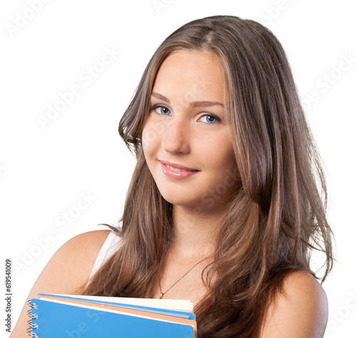 Young smiling woman holding stack book