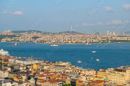 Beyoglu historic district aerial view with Uskudar district in Asia side across Bosphorus Strait, photo viewed from top of Galata Tower in historic city of Istanbul, Turkey. 