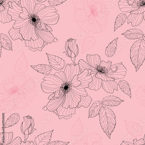 Floral seamless pattern with decorative flower on pink background. Vector Illustration. Aesthetic modern art linear hand drawn for wallpaper, design, textile, packaging, decor.